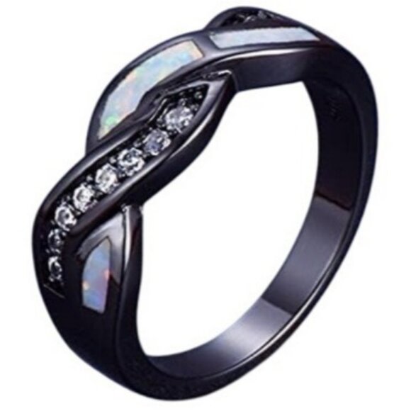 White Ethiopian Fire Opal eternity band wedding ring set with CZ set in Rhodium - Picture 6 of 6